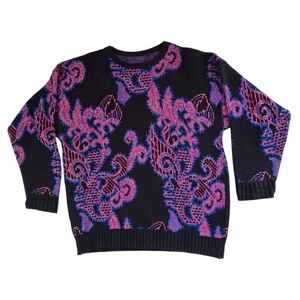 Vintage Sweater Pullover Knit  Pink Blue Metallic Silver Black Floral